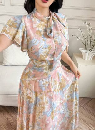 Picture of Modelyn Women's Floral Print Dress with Gathered Collar, Ruffles & Tie Belt