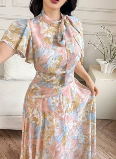 Picture of Modelyn Women's Floral Print Dress with Gathered Collar, Ruffles & Tie Belt