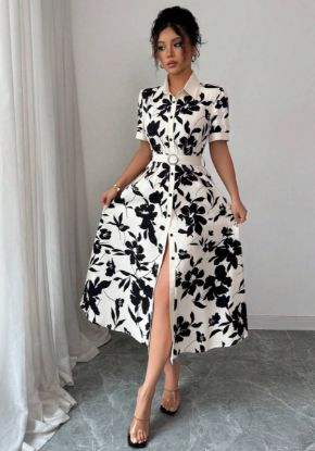 Picture of Elenzga Women's Printed Waist-Gathering Elegant Vacation Dress