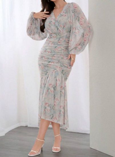 Picture of Modelyn Women's Floral Print Dress with Lantern Sleeves & Elastic Waist