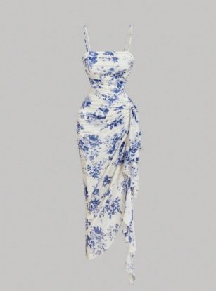 Picture of Women’s Elegant Dress – Floral, Straps, Ruffled Asymmetry