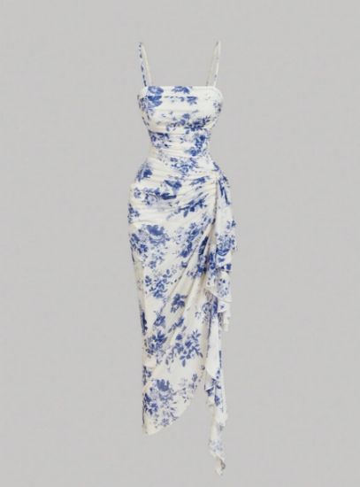 Picture of Women’s Elegant Dress – Floral, Straps, Ruffled Asymmetry
