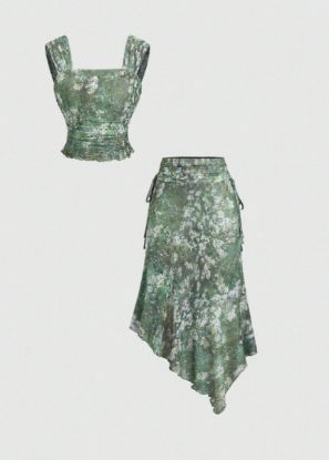 Picture of Women’s Retro 2pcs. Set – Oil Painting Print Top & Asymmetrical Maxi Skirt