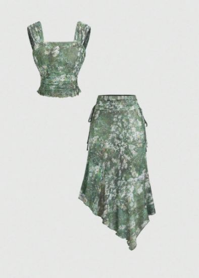 Picture of Women’s Retro 2pcs. Set – Oil Painting Print Top & Asymmetrical Maxi Skirt