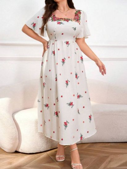 Picture of Women's Plus Size Dress –  Floral Print, Square Neckline