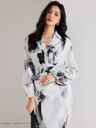 Picture of Heiryn Women's Elegant Long Dress with Floral Print & Balloon Sleeves