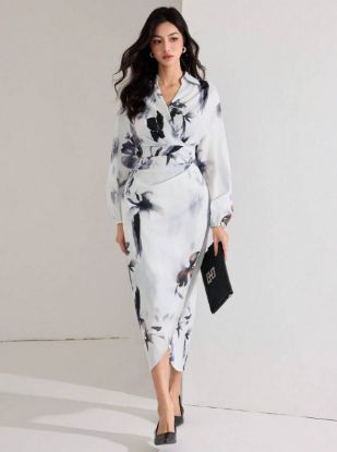 Picture of Women's Elegant Wrap Maxi Dress – V-Neckline, Balloon Sleeves, Floral Pattern