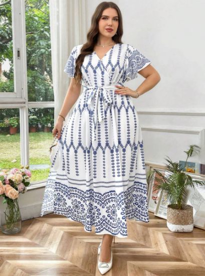 Picture of Women's Plus Size Dress – V-Neck, Floral, Tie Detail