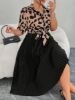 Picture of Women's Plus Size Leopard Dress – Short Sleeves, Tie Belt, Gathered Waist