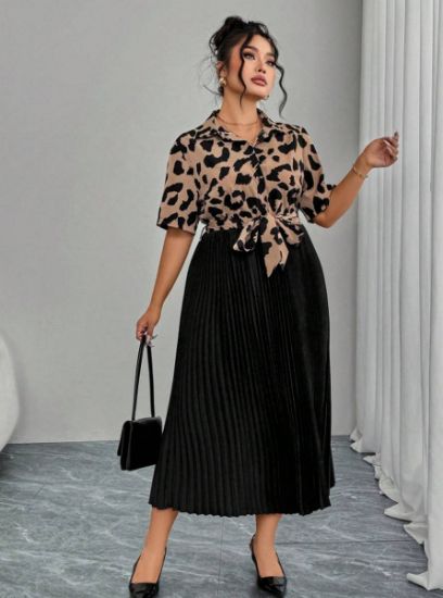 Picture of Women's Plus Size Leopard Dress – Short Sleeves, Tie Belt, Gathered Waist