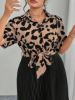 Picture of Women's Plus Size Leopard Dress – Short Sleeves, Tie Belt, Gathered Waist