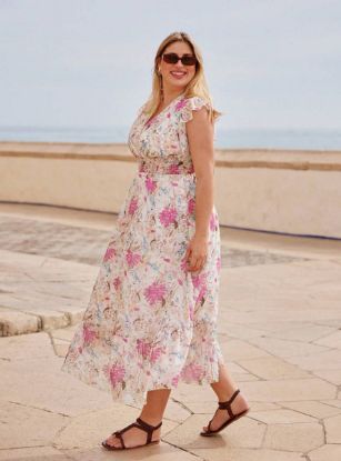 Picture of Women's Plus Size Dress – V-Neck, Floral Print, Lotus Sleeves