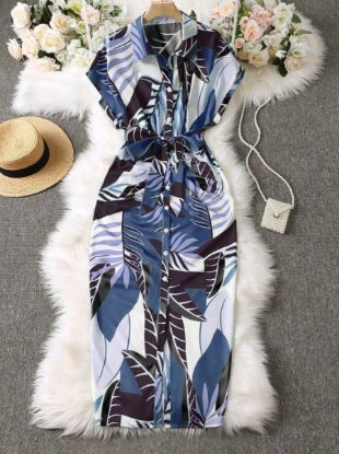 Picture of Women's Plus Size Maxi Dress – Leaf Print, V-Neck, shirt style