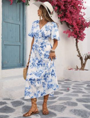 Picture of Women’s Dress – V-Neck, Batwing Sleeves, Porcelain Print