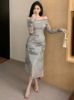 Picture of Women's Elegant Off-Shoulder Dress – Tinted Painting Pattern