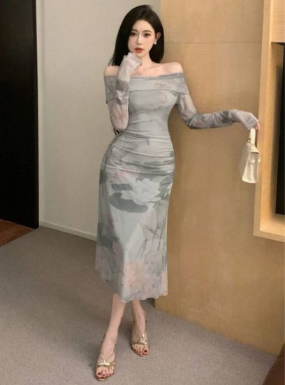 Picture of Women's Elegant Off-Shoulder Dress – Tinted Painting Pattern