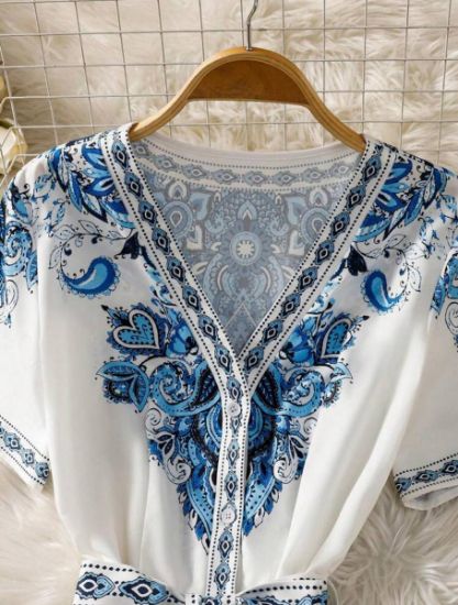 Picture of Elenzga Women's V-Neck Belted All-Over Print Short Sleeve Dress