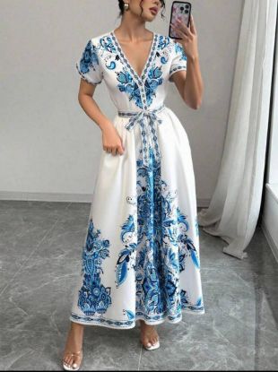 Picture of Women's V-Neck Dress – Allover Print, Belted, Short Sleeves