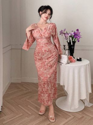 Picture of Women's Midi Floral Dress – V-Neck, Bell Sleeves, Tailored Waist