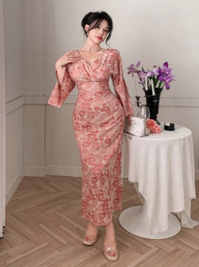 Picture of Women's Midi Floral Dress – V-Neck, Bell Sleeves, Tailored Waist