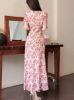 Picture of Women's Chiffon Dress – Strawflower Print, V-Neck, Waist Bow