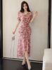 Picture of Women's Chiffon Dress – Strawflower Print, V-Neck, Waist Bow