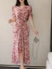 Picture of Women's Chiffon Dress – Strawflower Print, V-Neck, Waist Bow