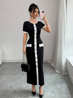 Picture of Women’s Tailored Knit Dress – Round Neck, Patchwork, Button Detail