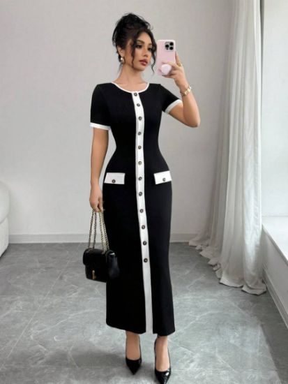 Picture of Women’s Tailored Knit Dress – Round Neck, Patchwork, Button Detail