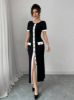 Picture of Women’s Tailored Knit Dress – Round Neck, Patchwork, Button Detail