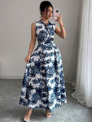 Picture of Elenzga Women's Front Button Collar Sleeveless Leopard Print Pocket Dress