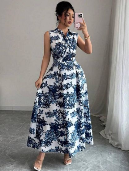 Picture of Elenzga Women's Front Button Collar Sleeveless Leopard Print Pocket Dress