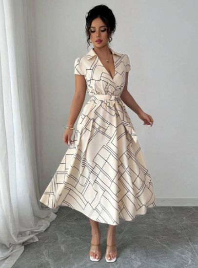 Picture of Elenzga Women's Apricot Geometric Striped Pattern Waist-Gathered Midi Dress