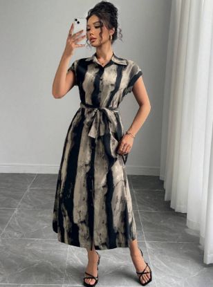 Picture of Women's Midi Dress – shirt style, Short Sleeves, Painterly Print