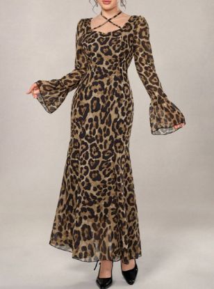 Picture of Women's Maxi Dress – Long Sleeve, Halter Neck, Leopard Print