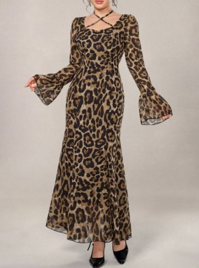 Picture of Women's Maxi Dress – Long Sleeve, Halter Neck, Leopard Print