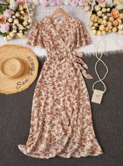 Picture of Women's Midi Dress – Ditsy Floral, V-Neck, Belted Style