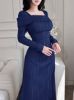 Picture of Women's Maxi Dress – Square Collar, Long Sleeves, Solid Color