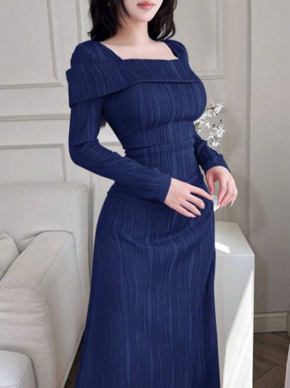 Picture of Women's Maxi Dress – Square Collar, Long Sleeves, Solid Color