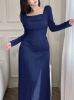 Picture of Women's Maxi Dress – Square Collar, Long Sleeves, Solid Color