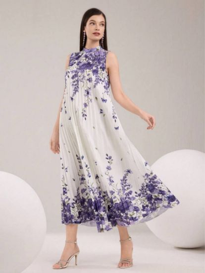 Picture of Women's Midi Dress – Sleeveless, Pleated, Floral Print