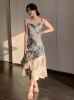 Picture of Women's casual Dress – Draped Collar, Allover Print, spaghetti strap