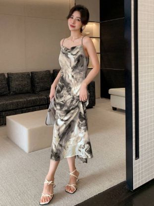 Picture of Women's casual Dress – Draped Collar, Allover Print, spaghetti strap