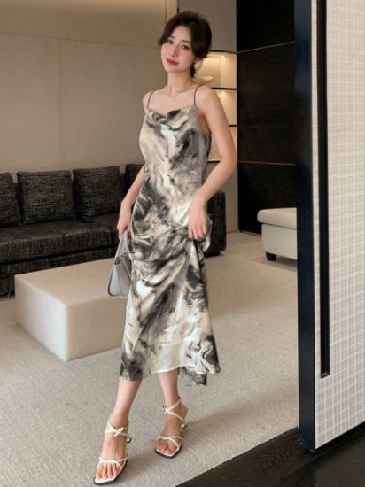 Picture of Women's casual Dress – Draped Collar, Allover Print, spaghetti strap