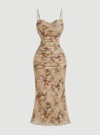 Picture of SHEIN MOD Floral Print Ruffle Mesh Slip Dress for Women