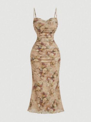 Picture of Women's Mesh Slip Dress – Floral Print, Ruffle Trim, spaghetti strap
