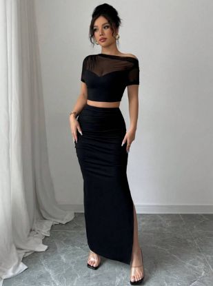 Picture of Women's  2-pcs. Set – Mesh Crop Top & High-Slit Maxi Skirt
