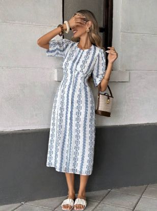 Picture of Women's Dress – round neck, Short Sleeves, Floral Pattern