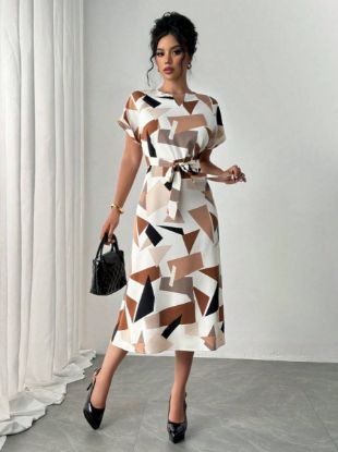 Picture of Women's Midi Dress – Round Neck, Short Sleeves, patterned