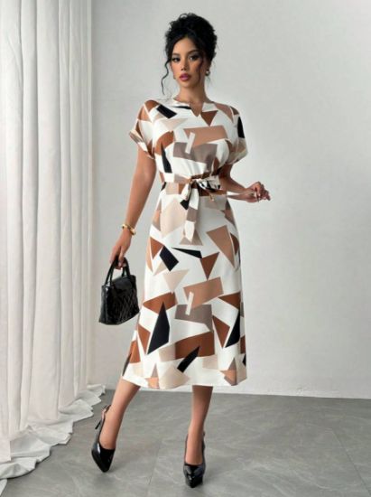 Picture of Women's Midi Dress – Round Neck, Short Sleeves, patterned